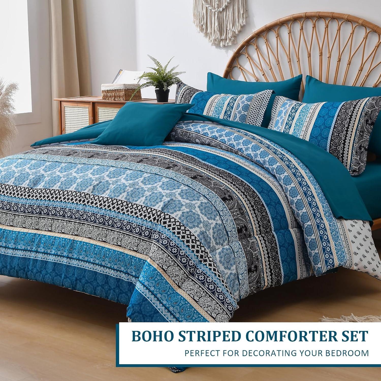 imageCottolester Boho Comforter Set Queen Size8 Piece Bed in a Bag Bohemian Striped Bedding Quilt SetPurple Paisley Floral Comforter and Sheet SetSoft Microfiber Complete Bedding Sets for All SeasonTeal Blue