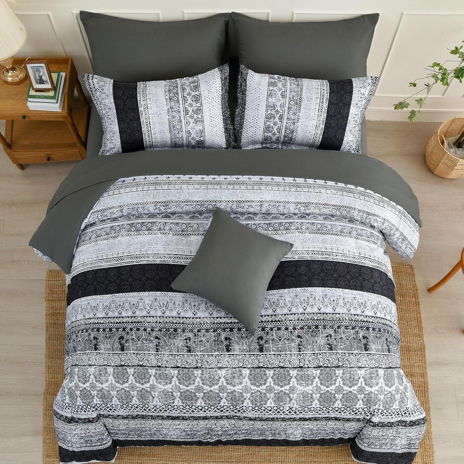 imageCottolester Boho Comforter Set Queen Size8 Piece Bed in a Bag Bohemian Striped Bedding Quilt SetPurple Paisley Floral Comforter and Sheet SetSoft Microfiber Complete Bedding Sets for All SeasonGray