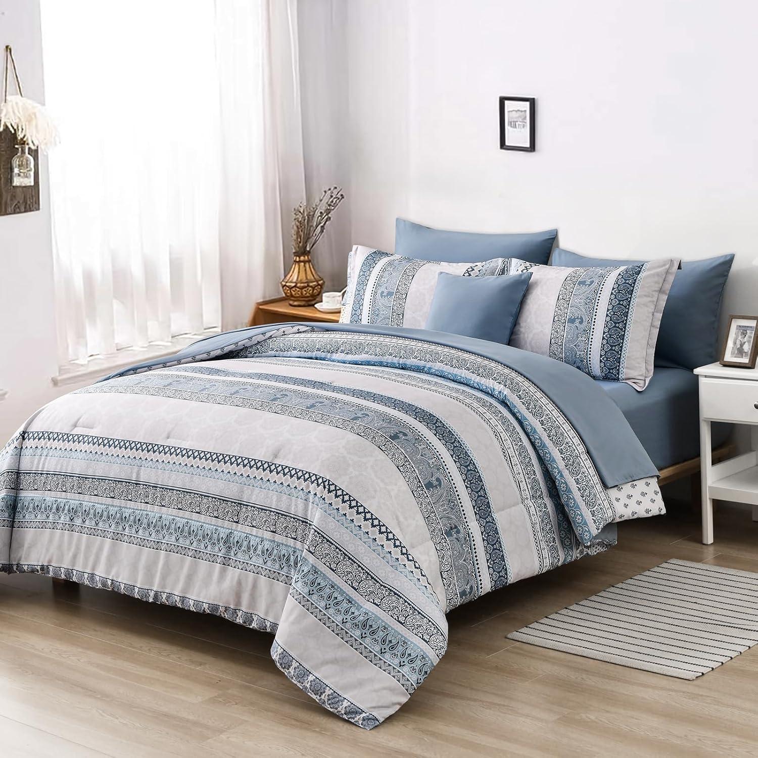 imageCottolester Boho Comforter Set Queen Size8 Piece Bed in a Bag Bohemian Striped Bedding Quilt SetPurple Paisley Floral Comforter and Sheet SetSoft Microfiber Complete Bedding Sets for All SeasonLight Blue