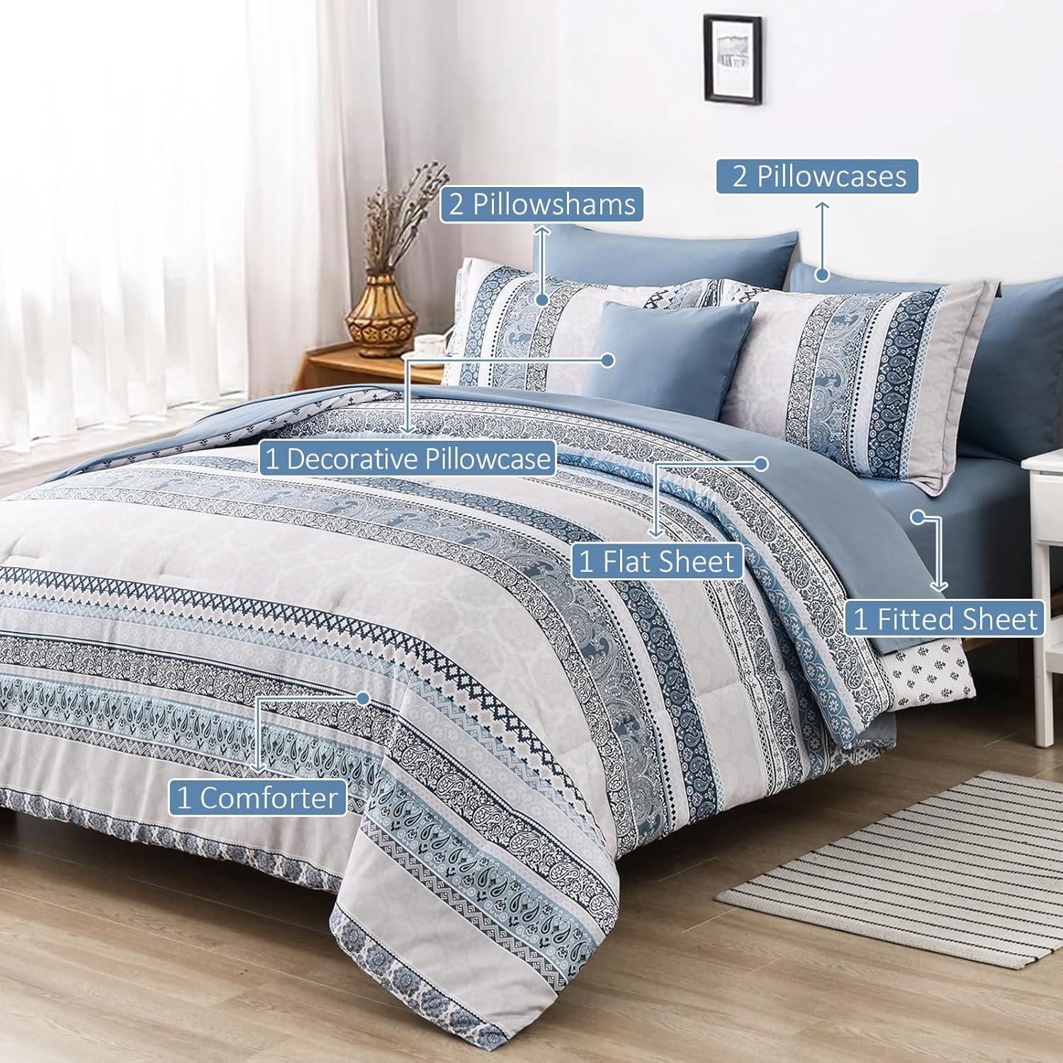 imageCottolester Boho Comforter Set Queen Size8 Piece Bed in a Bag Bohemian Striped Bedding Quilt SetPurple Paisley Floral Comforter and Sheet SetSoft Microfiber Complete Bedding Sets for All SeasonLight Blue
