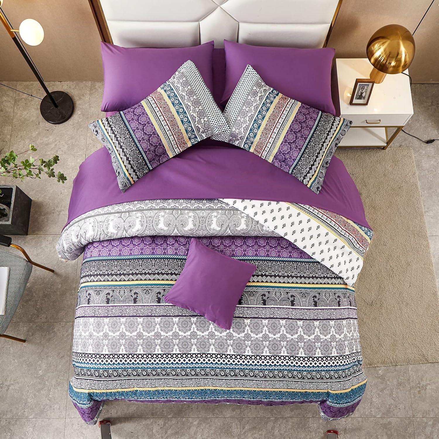 imageCottolester Boho Comforter Set Queen Size8 Piece Bed in a Bag Bohemian Striped Bedding Quilt SetPurple Paisley Floral Comforter and Sheet SetSoft Microfiber Complete Bedding Sets for All SeasonPurple