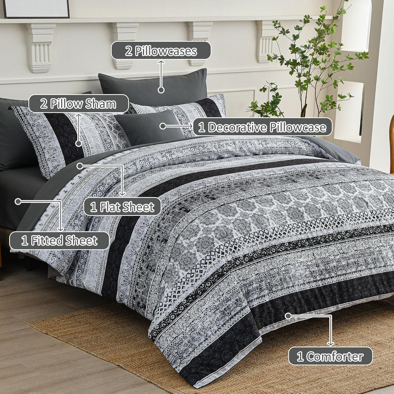 imageCottolester Boho Comforter Set Queen Size8 Piece Bed in a Bag Bohemian Striped Bedding Quilt SetPurple Paisley Floral Comforter and Sheet SetSoft Microfiber Complete Bedding Sets for All SeasonGray