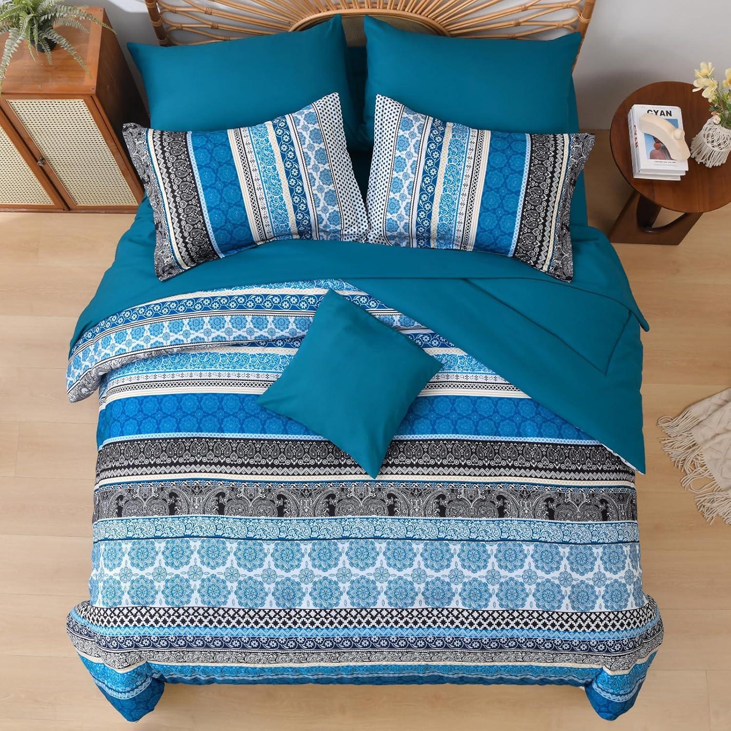 imageCottolester Boho Comforter Set Queen Size8 Piece Bed in a Bag Bohemian Striped Bedding Quilt SetPurple Paisley Floral Comforter and Sheet SetSoft Microfiber Complete Bedding Sets for All SeasonTeal Blue