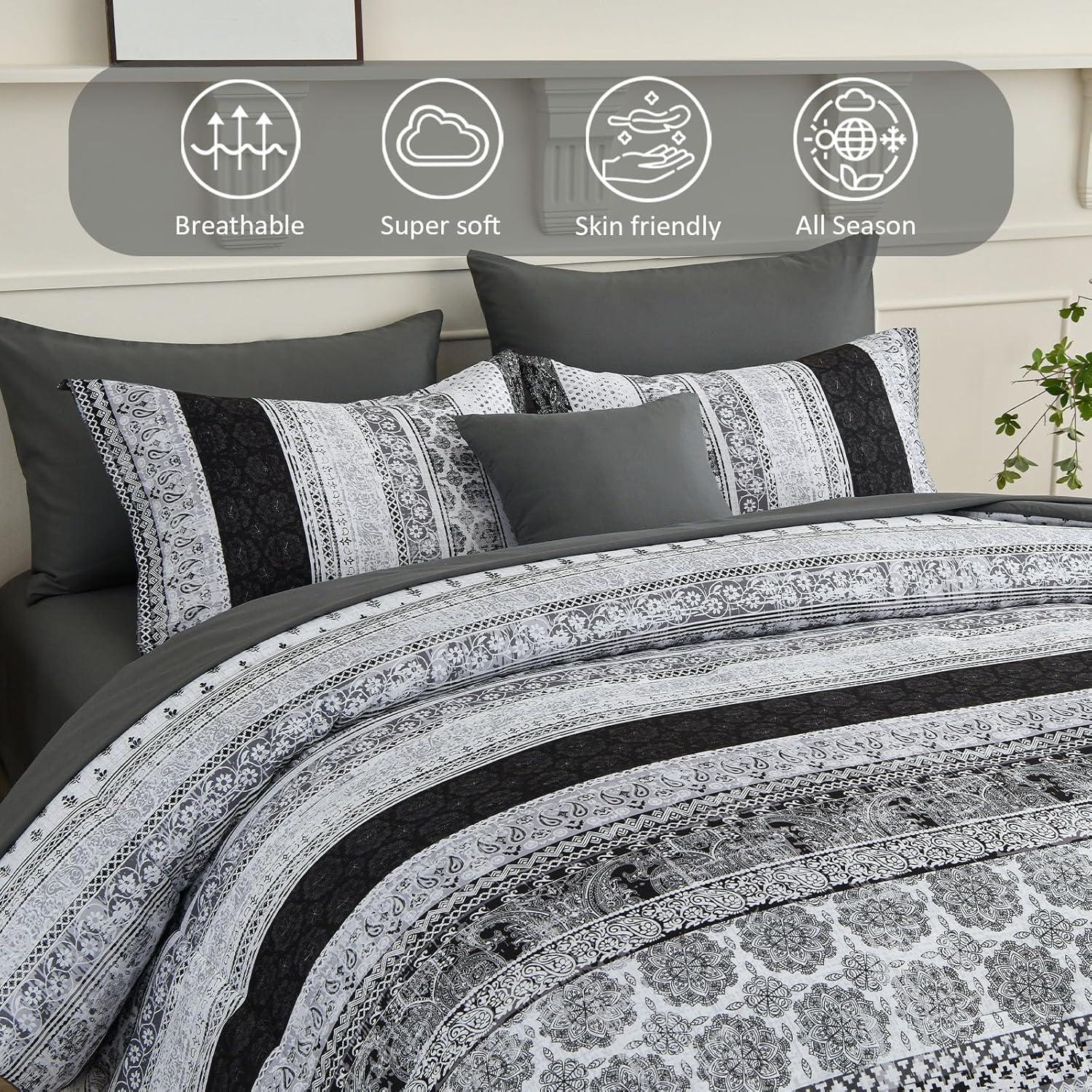 imageCottolester Boho Comforter Set Queen Size8 Piece Bed in a Bag Bohemian Striped Bedding Quilt SetPurple Paisley Floral Comforter and Sheet SetSoft Microfiber Complete Bedding Sets for All SeasonGray