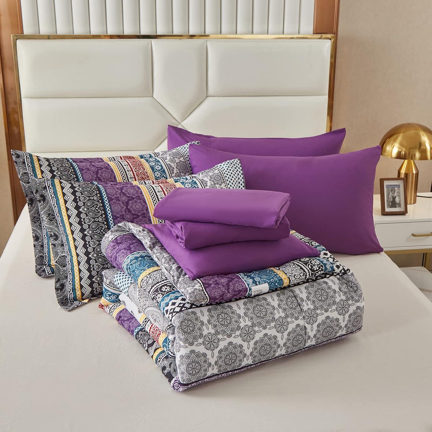 imageCottolester Boho Comforter Set Queen Size8 Piece Bed in a Bag Bohemian Striped Bedding Quilt SetPurple Paisley Floral Comforter and Sheet SetSoft Microfiber Complete Bedding Sets for All SeasonPurple