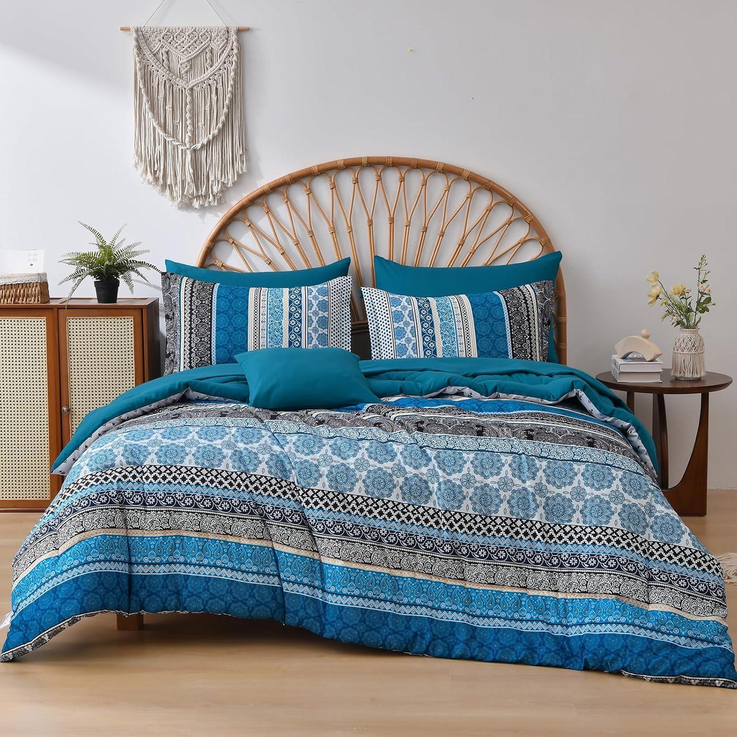 imageCottolester Boho Comforter Set Queen Size8 Piece Bed in a Bag Bohemian Striped Bedding Quilt SetPurple Paisley Floral Comforter and Sheet SetSoft Microfiber Complete Bedding Sets for All SeasonTeal Blue