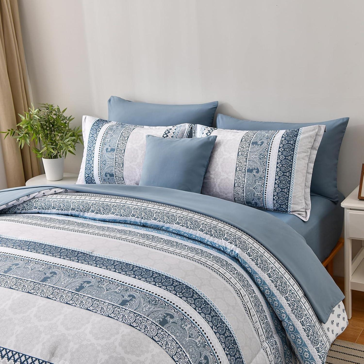 imageCottolester Boho Comforter Set Queen Size8 Piece Bed in a Bag Bohemian Striped Bedding Quilt SetPurple Paisley Floral Comforter and Sheet SetSoft Microfiber Complete Bedding Sets for All SeasonLight Blue