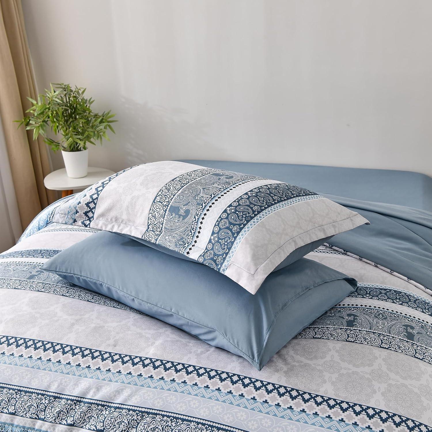 imageCottolester Boho Comforter Set Queen Size8 Piece Bed in a Bag Bohemian Striped Bedding Quilt SetPurple Paisley Floral Comforter and Sheet SetSoft Microfiber Complete Bedding Sets for All SeasonLight Blue