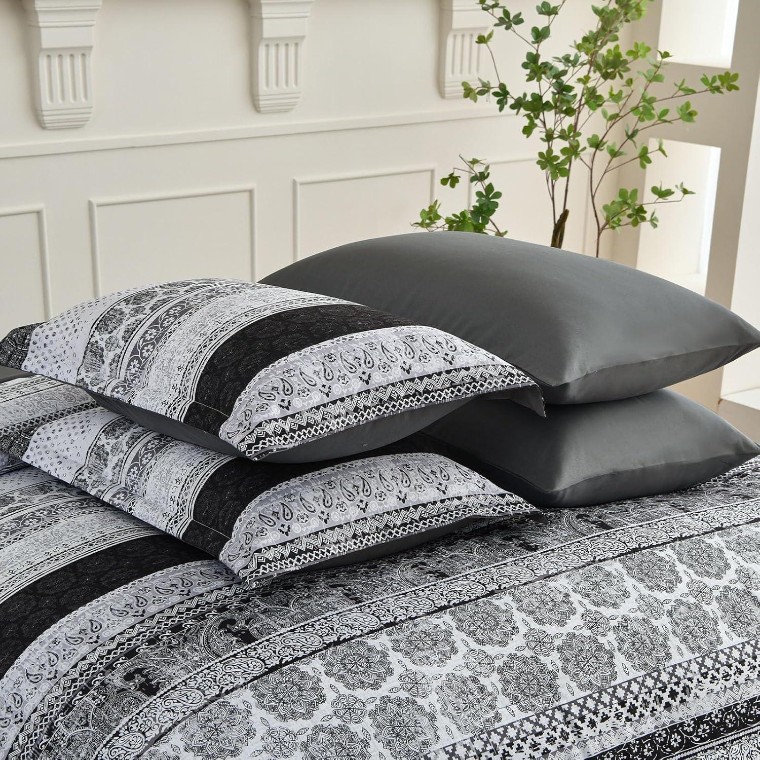 imageCottolester Boho Comforter Set Queen Size8 Piece Bed in a Bag Bohemian Striped Bedding Quilt SetPurple Paisley Floral Comforter and Sheet SetSoft Microfiber Complete Bedding Sets for All SeasonGray
