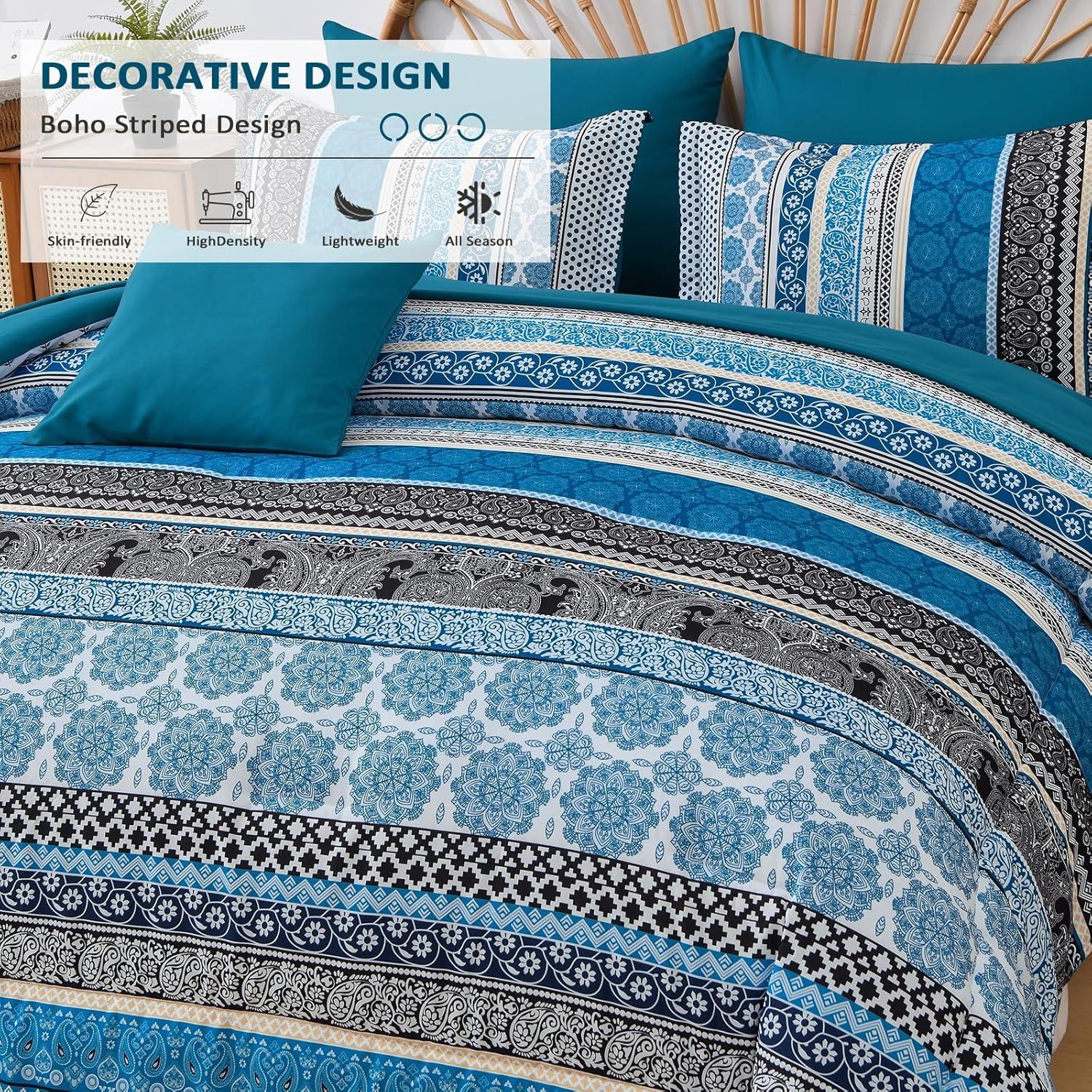 imageCottolester Boho Comforter Set Queen Size8 Piece Bed in a Bag Bohemian Striped Bedding Quilt SetPurple Paisley Floral Comforter and Sheet SetSoft Microfiber Complete Bedding Sets for All SeasonTeal Blue