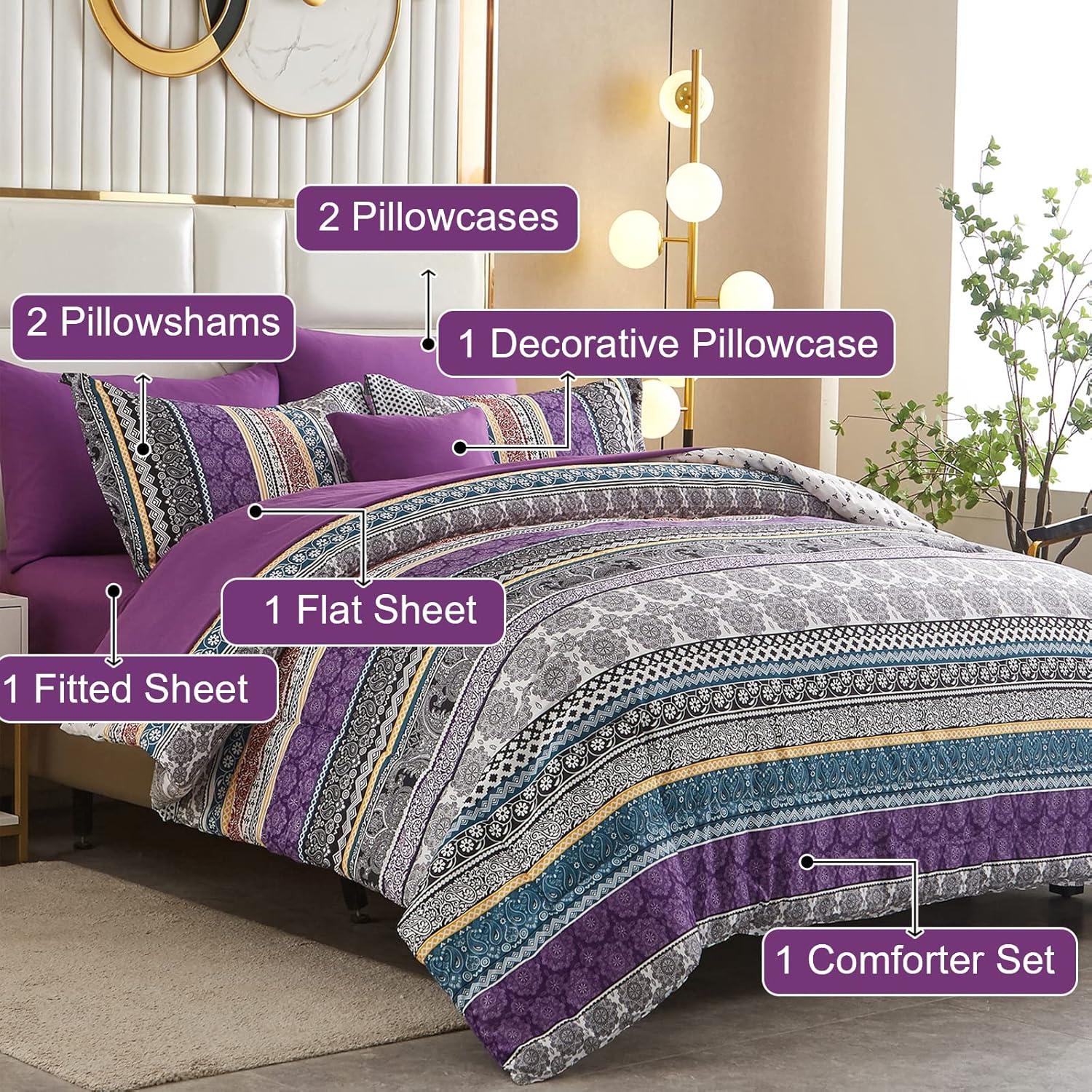 imageCottolester Boho Comforter Set Queen Size8 Piece Bed in a Bag Bohemian Striped Bedding Quilt SetPurple Paisley Floral Comforter and Sheet SetSoft Microfiber Complete Bedding Sets for All SeasonPurple