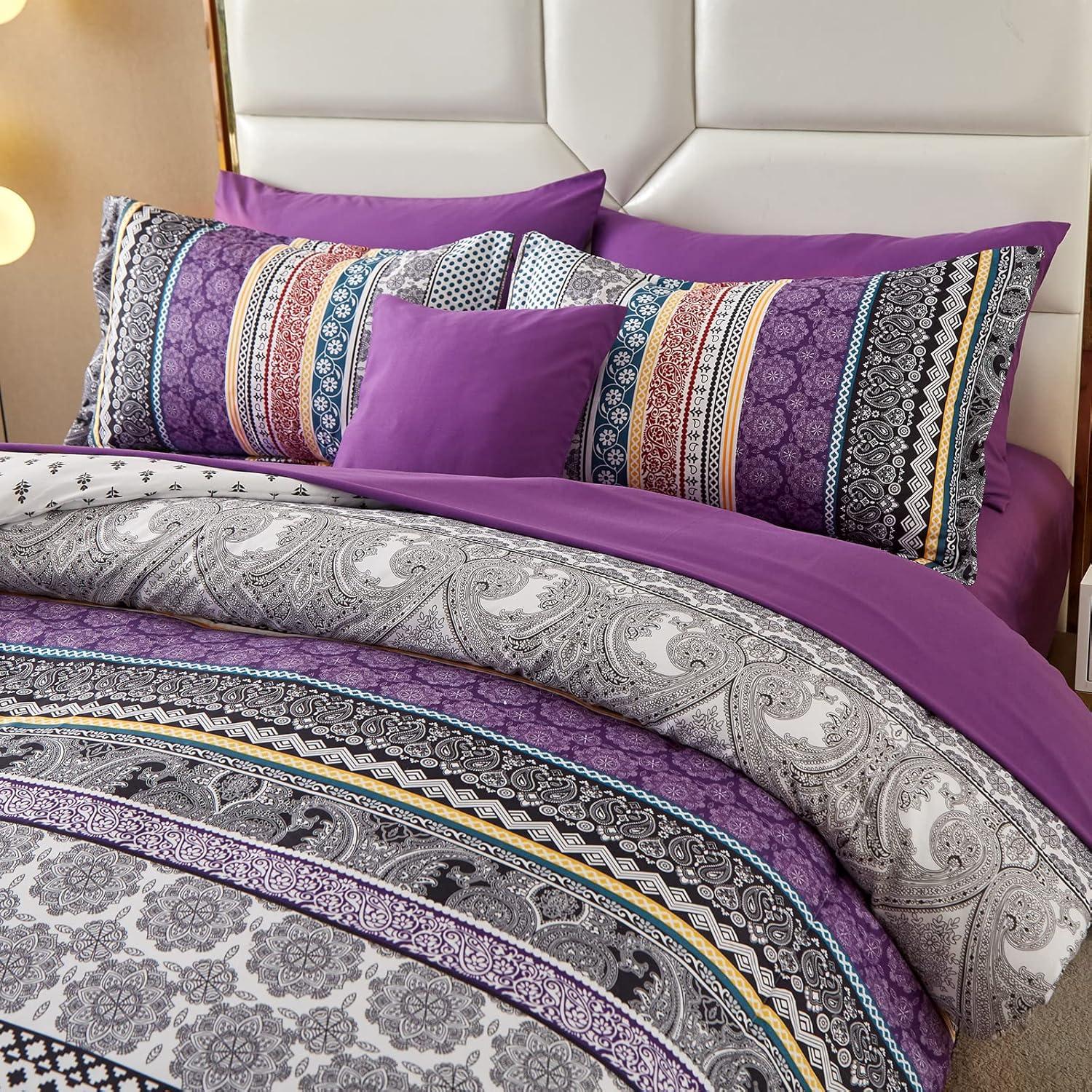 imageCottolester Boho Comforter Set Queen Size8 Piece Bed in a Bag Bohemian Striped Bedding Quilt SetPurple Paisley Floral Comforter and Sheet SetSoft Microfiber Complete Bedding Sets for All SeasonPurple