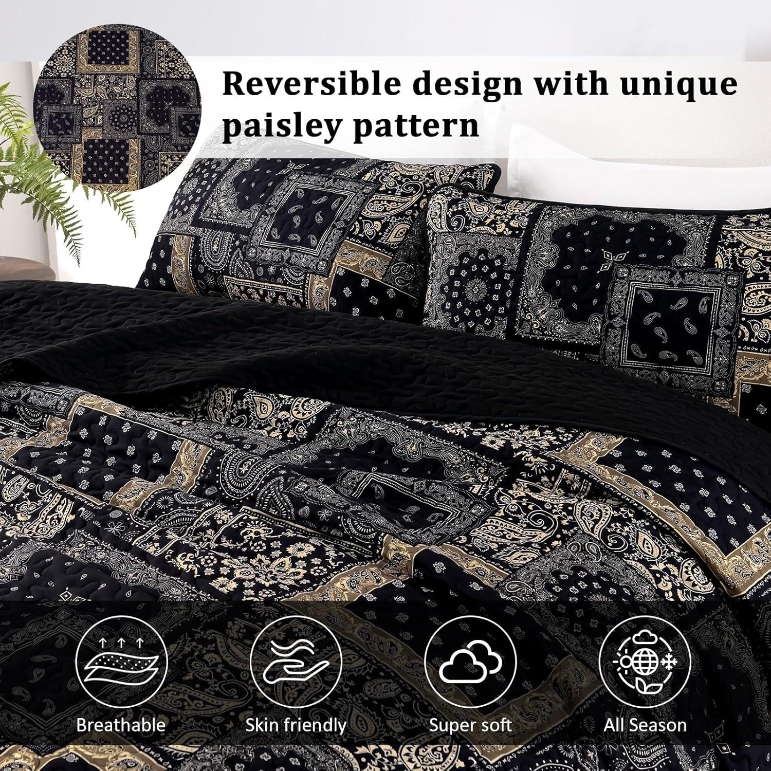 imageCottolester Queen Quilt Set 3 PiecesEmerald Green Patchwork Quilt SetBoho Farmhouse Bedspread Soft Microfiber Bedding Set 96quotx90quotBlack Gold
