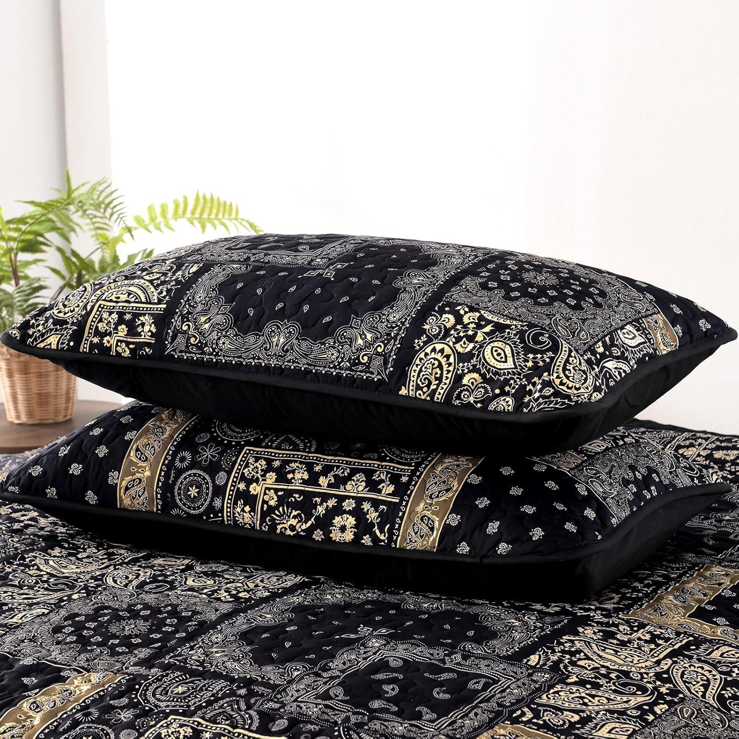imageCottolester Queen Quilt Set 3 PiecesEmerald Green Patchwork Quilt SetBoho Farmhouse Bedspread Soft Microfiber Bedding Set 96quotx90quotBlack Gold