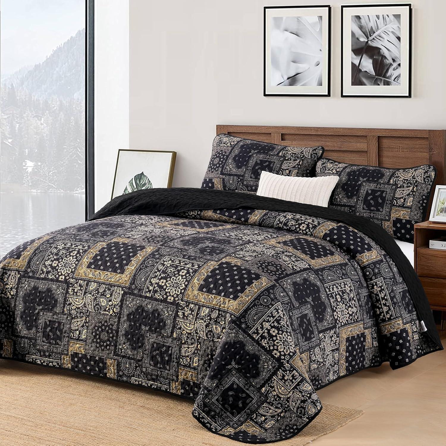 imageCottolester Queen Quilt Set 3 PiecesEmerald Green Patchwork Quilt SetBoho Farmhouse Bedspread Soft Microfiber Bedding Set 96quotx90quotBlack Gold