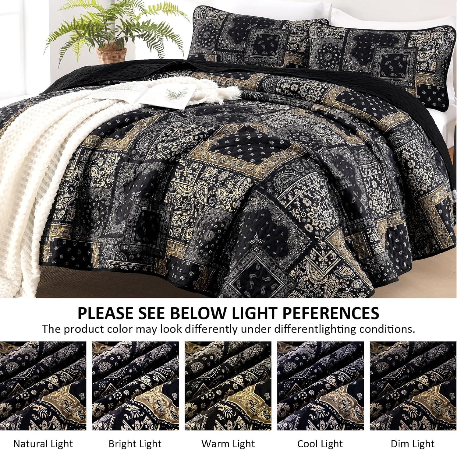 imageCottolester Queen Quilt Set 3 PiecesEmerald Green Patchwork Quilt SetBoho Farmhouse Bedspread Soft Microfiber Bedding Set 96quotx90quotBlack Gold