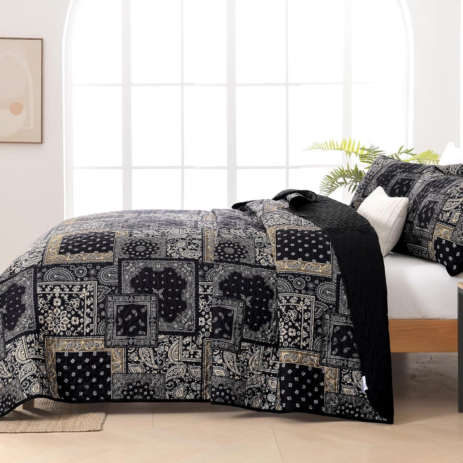imageCottolester Queen Quilt Set 3 PiecesEmerald Green Patchwork Quilt SetBoho Farmhouse Bedspread Soft Microfiber Bedding Set 96quotx90quotBlack Gold
