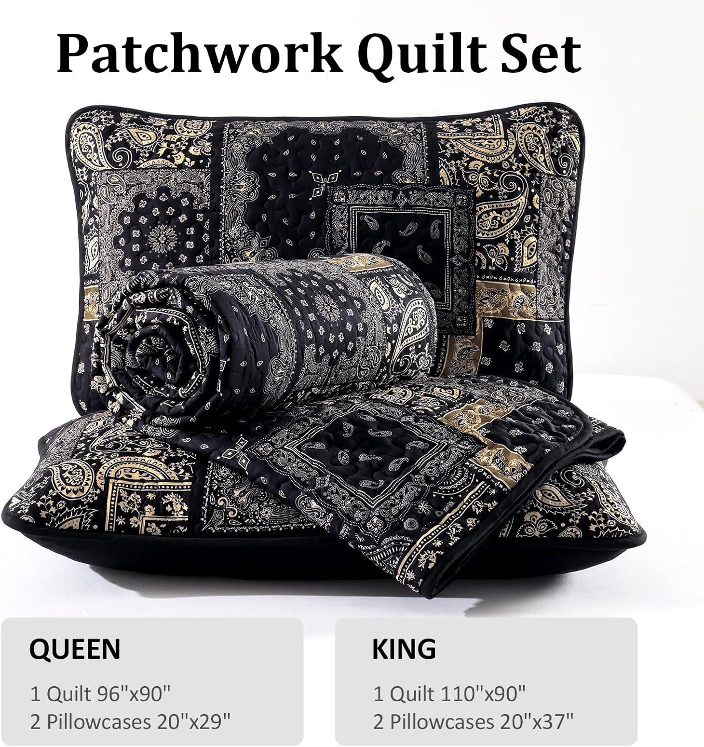 imageCottolester Queen Quilt Set 3 PiecesEmerald Green Patchwork Quilt SetBoho Farmhouse Bedspread Soft Microfiber Bedding Set 96quotx90quotBlack Gold
