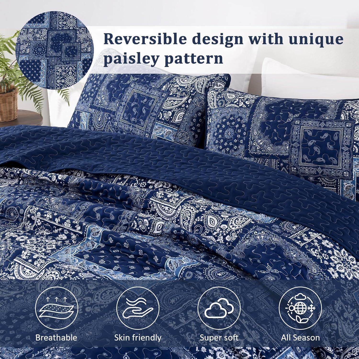 imageCottolester Queen Quilt Set 3 PiecesEmerald Green Patchwork Quilt SetBoho Farmhouse Bedspread Soft Microfiber Bedding Set 96quotx90quotBlue