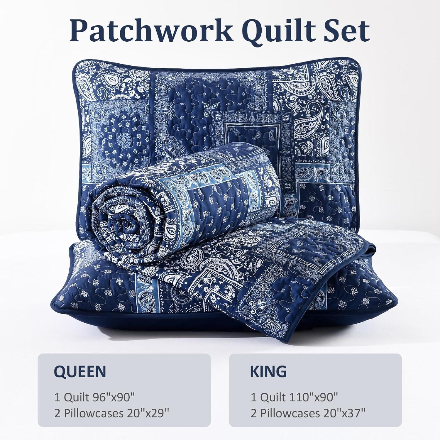 imageCottolester Queen Quilt Set 3 PiecesEmerald Green Patchwork Quilt SetBoho Farmhouse Bedspread Soft Microfiber Bedding Set 96quotx90quotBlue