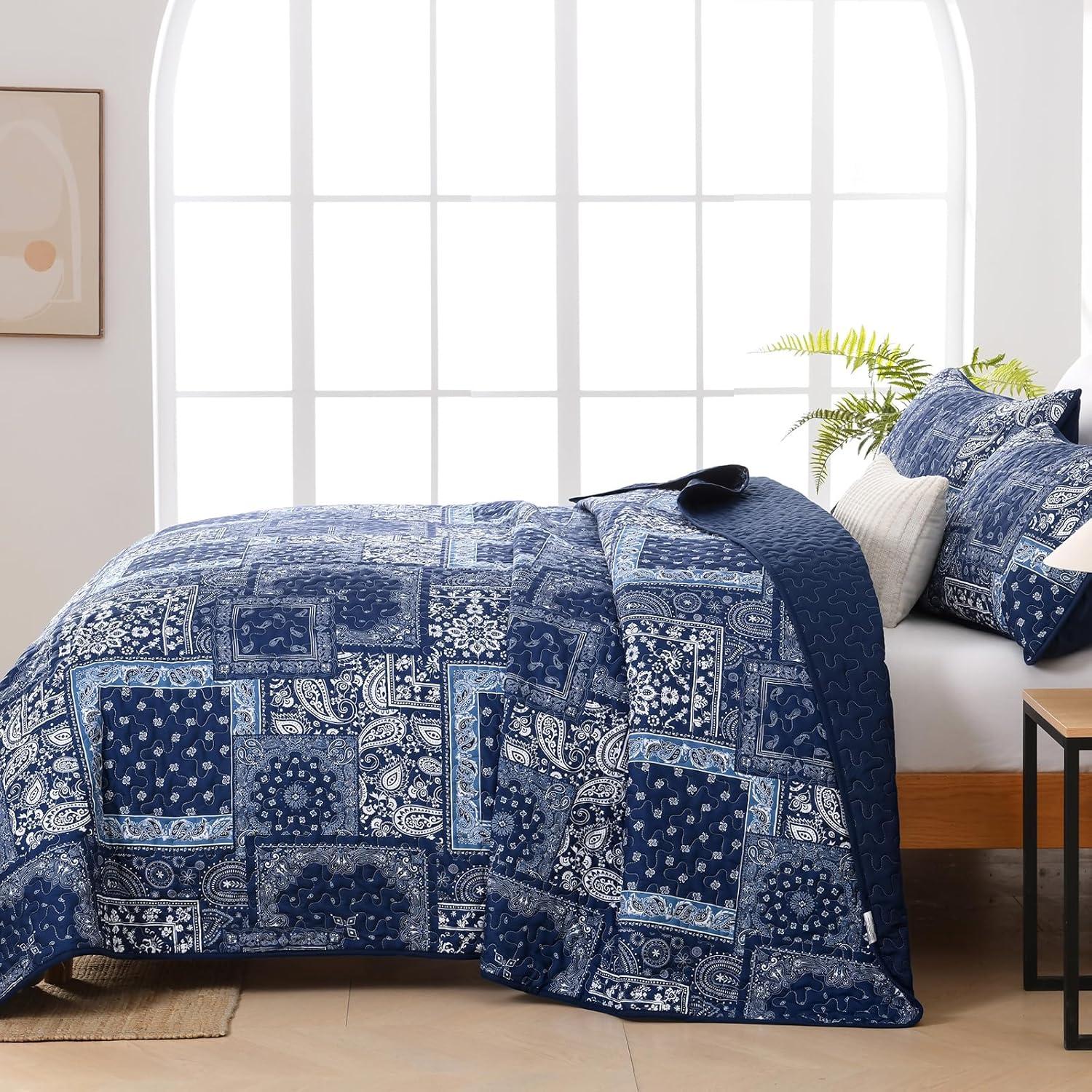 imageCottolester Queen Quilt Set 3 PiecesEmerald Green Patchwork Quilt SetBoho Farmhouse Bedspread Soft Microfiber Bedding Set 96quotx90quotBlue