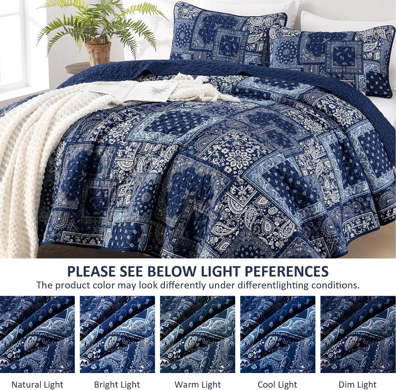 imageCottolester Queen Quilt Set 3 PiecesEmerald Green Patchwork Quilt SetBoho Farmhouse Bedspread Soft Microfiber Bedding Set 96quotx90quotBlue