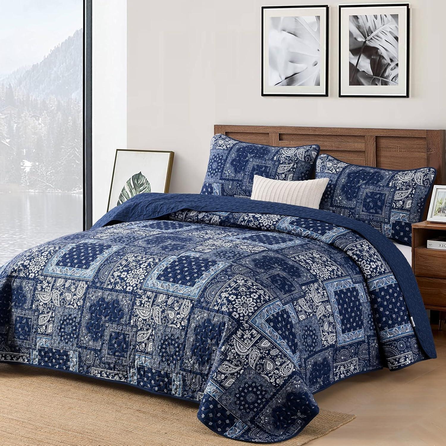 imageCottolester Queen Quilt Set 3 PiecesEmerald Green Patchwork Quilt SetBoho Farmhouse Bedspread Soft Microfiber Bedding Set 96quotx90quotBlue