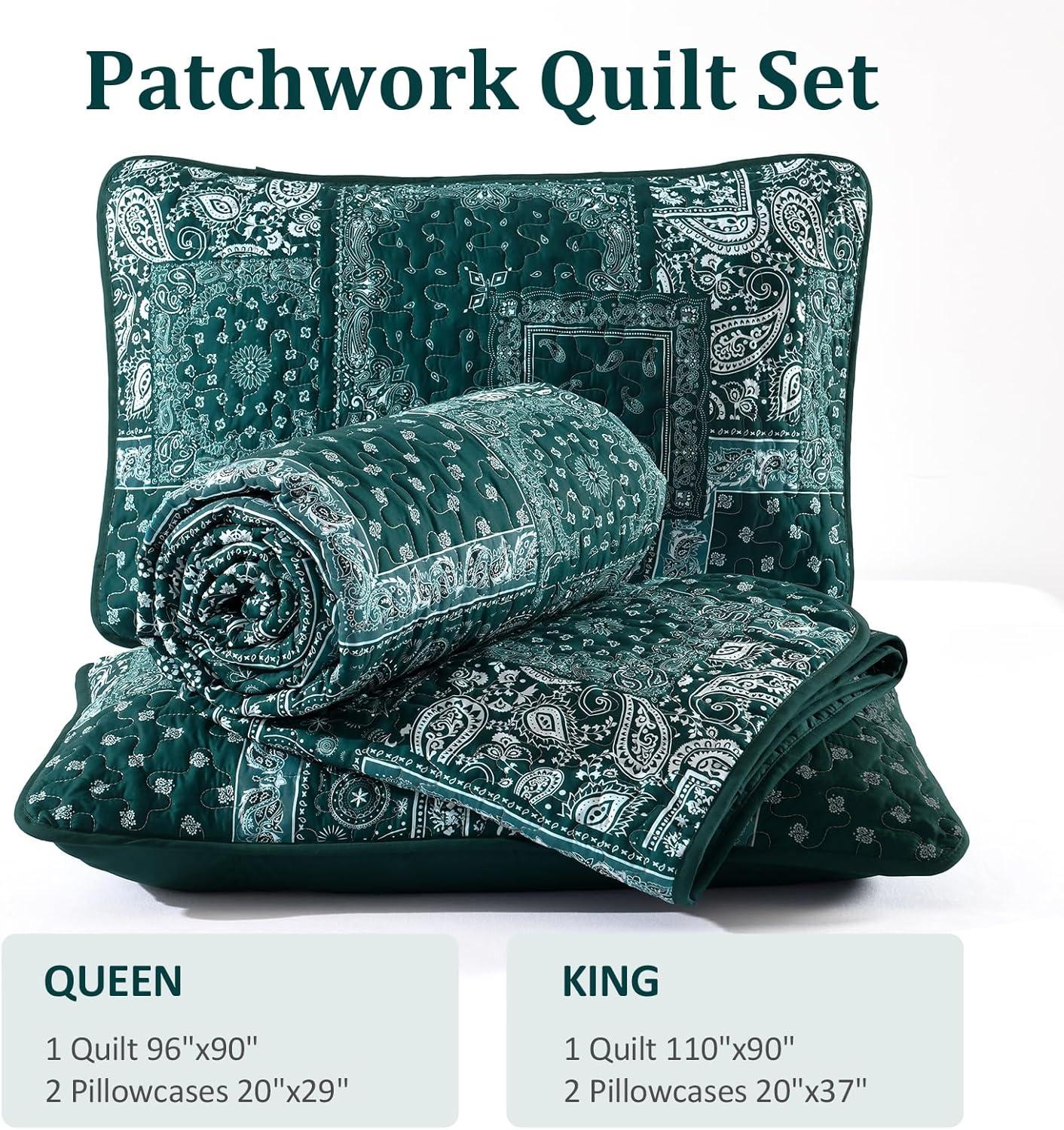 imageCottolester Queen Quilt Set 3 PiecesEmerald Green Patchwork Quilt SetBoho Farmhouse Bedspread Soft Microfiber Bedding Set 96quotx90quotEmerald Green