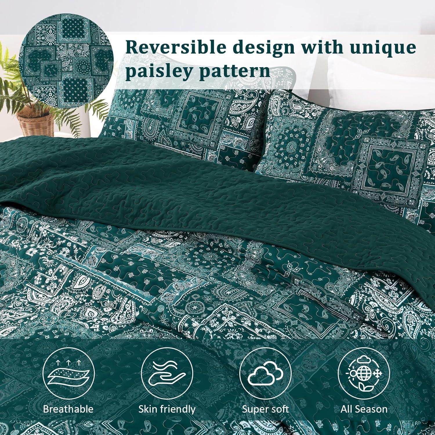 imageCottolester Queen Quilt Set 3 PiecesEmerald Green Patchwork Quilt SetBoho Farmhouse Bedspread Soft Microfiber Bedding Set 96quotx90quotEmerald Green