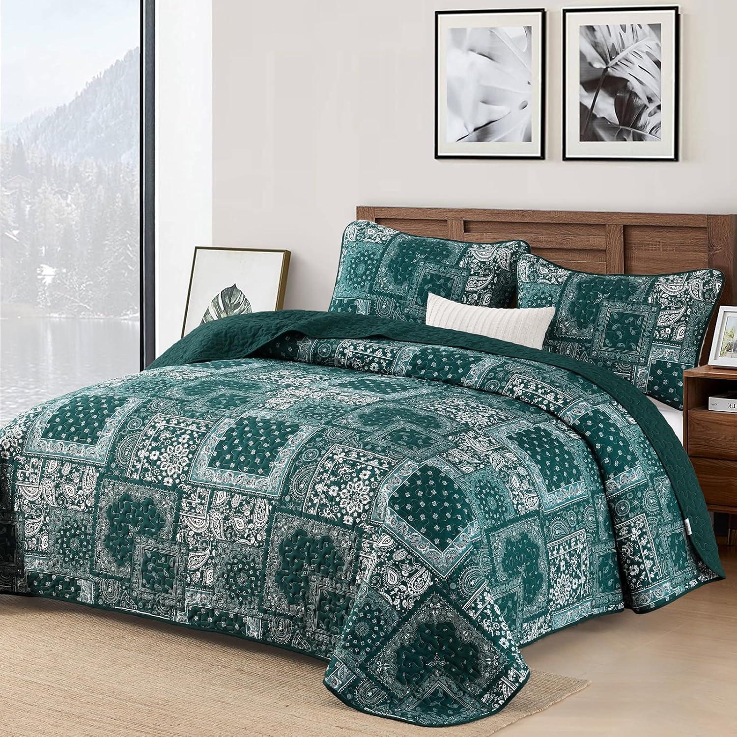 imageCottolester Queen Quilt Set 3 PiecesEmerald Green Patchwork Quilt SetBoho Farmhouse Bedspread Soft Microfiber Bedding Set 96quotx90quotEmerald Green