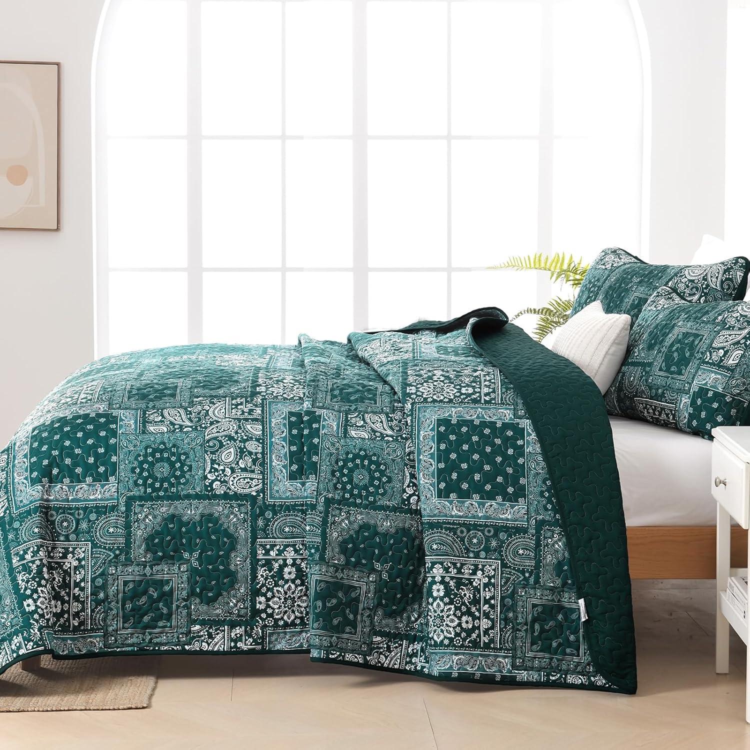 imageCottolester Queen Quilt Set 3 PiecesEmerald Green Patchwork Quilt SetBoho Farmhouse Bedspread Soft Microfiber Bedding Set 96quotx90quotEmerald Green