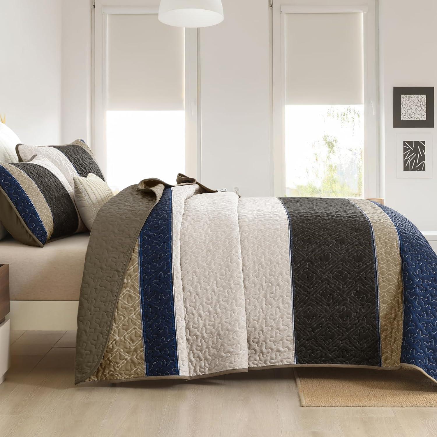 imageCottolester Queen Quilt Set 3 PiecesGray and Blue Striped Quilt SetBoho Farmhouse Bedspread Soft Microfiber Bedding Set for All Season 96quotx90quotBrown and Blue