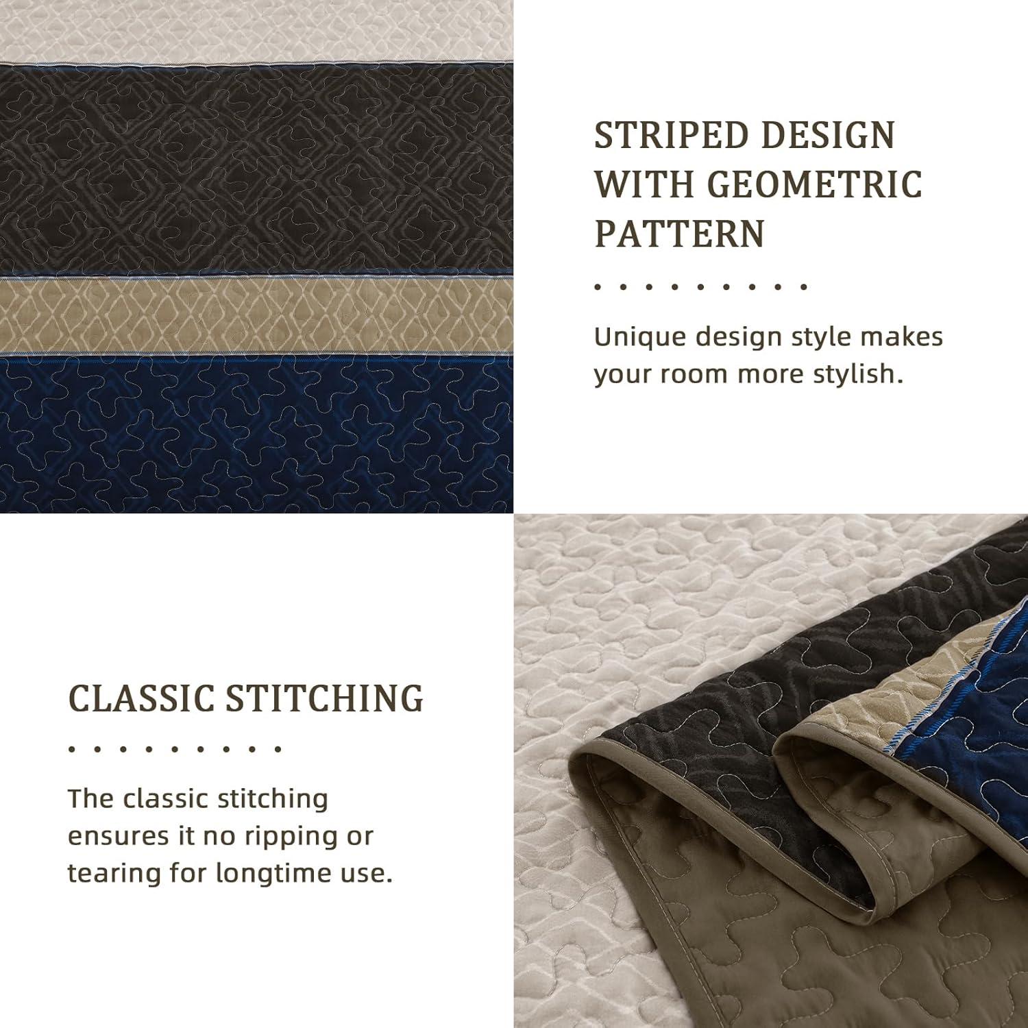 imageCottolester Queen Quilt Set 3 PiecesGray and Blue Striped Quilt SetBoho Farmhouse Bedspread Soft Microfiber Bedding Set for All Season 96quotx90quotBrown and Blue
