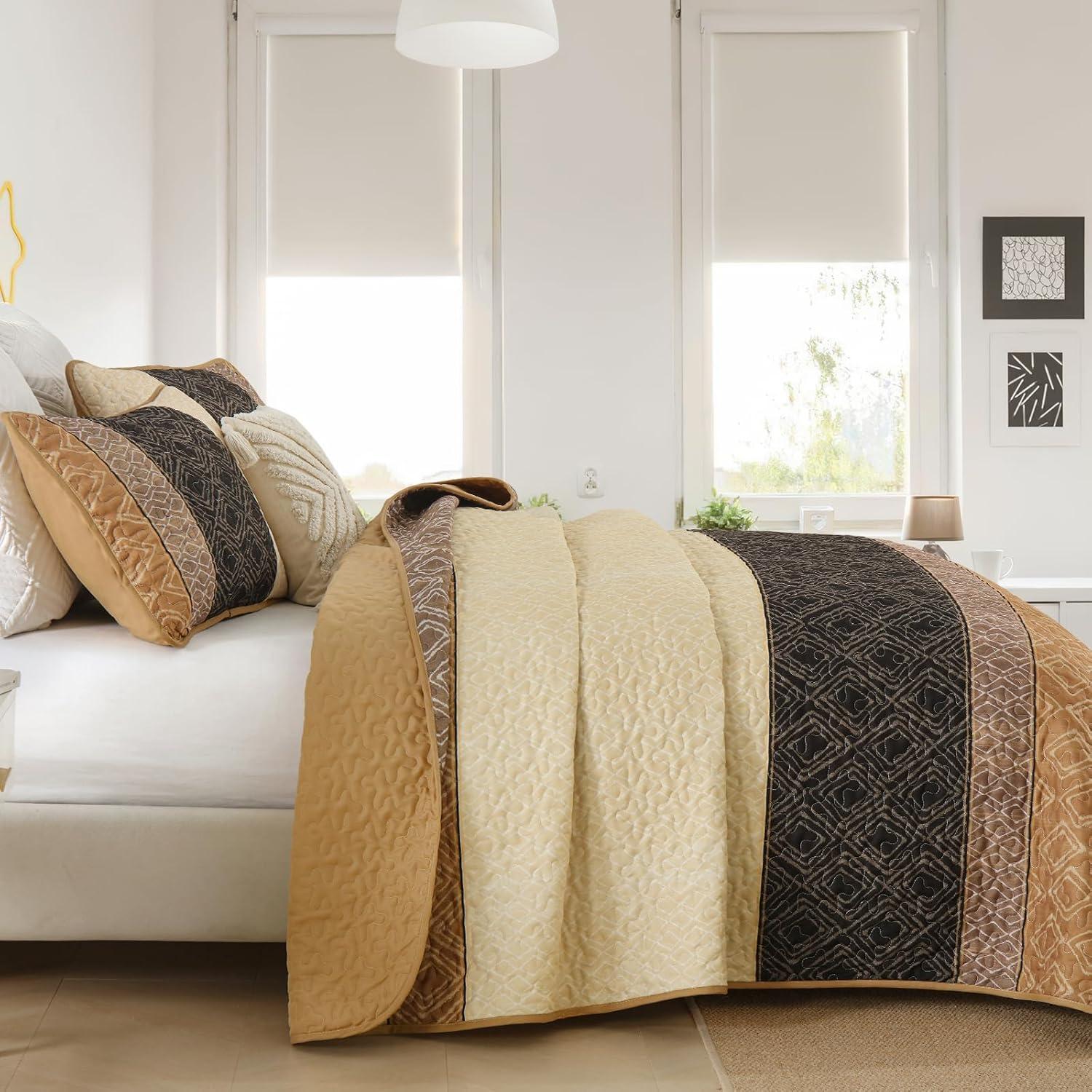 imageCottolester Queen Quilt Set 3 PiecesGray and Blue Striped Quilt SetBoho Farmhouse Bedspread Soft Microfiber Bedding Set for All Season 96quotx90quotBrown