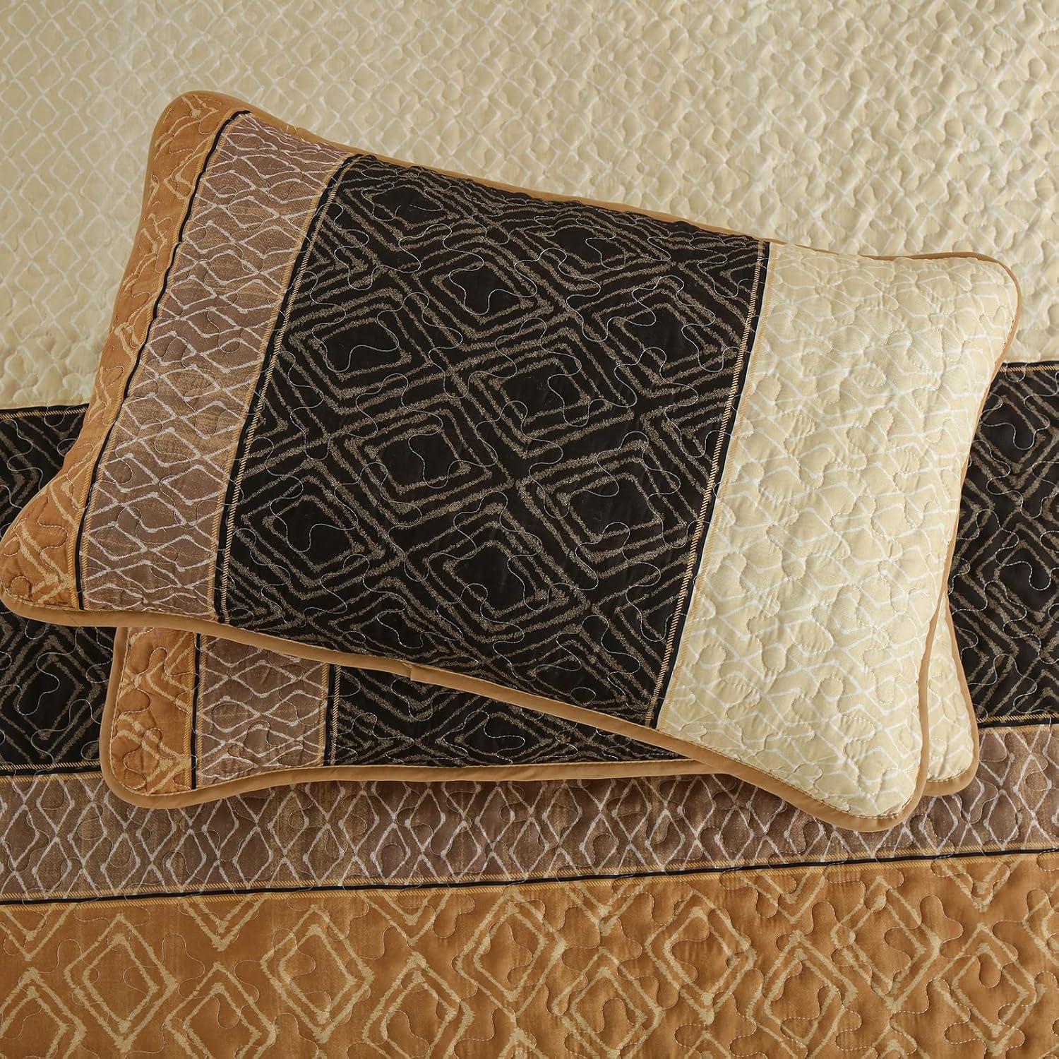 imageCottolester Queen Quilt Set 3 PiecesGray and Blue Striped Quilt SetBoho Farmhouse Bedspread Soft Microfiber Bedding Set for All Season 96quotx90quotBrown