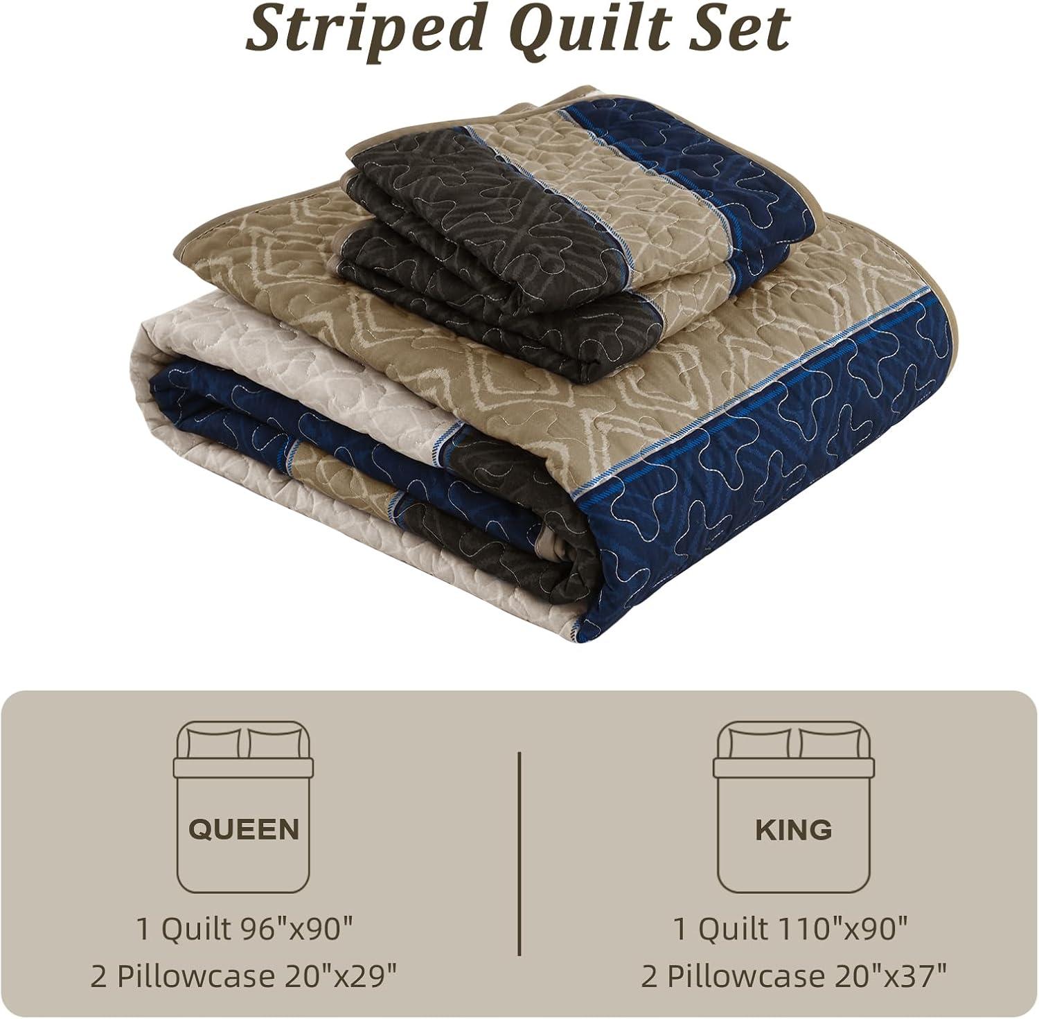 imageCottolester Queen Quilt Set 3 PiecesGray and Blue Striped Quilt SetBoho Farmhouse Bedspread Soft Microfiber Bedding Set for All Season 96quotx90quotBrown and Blue