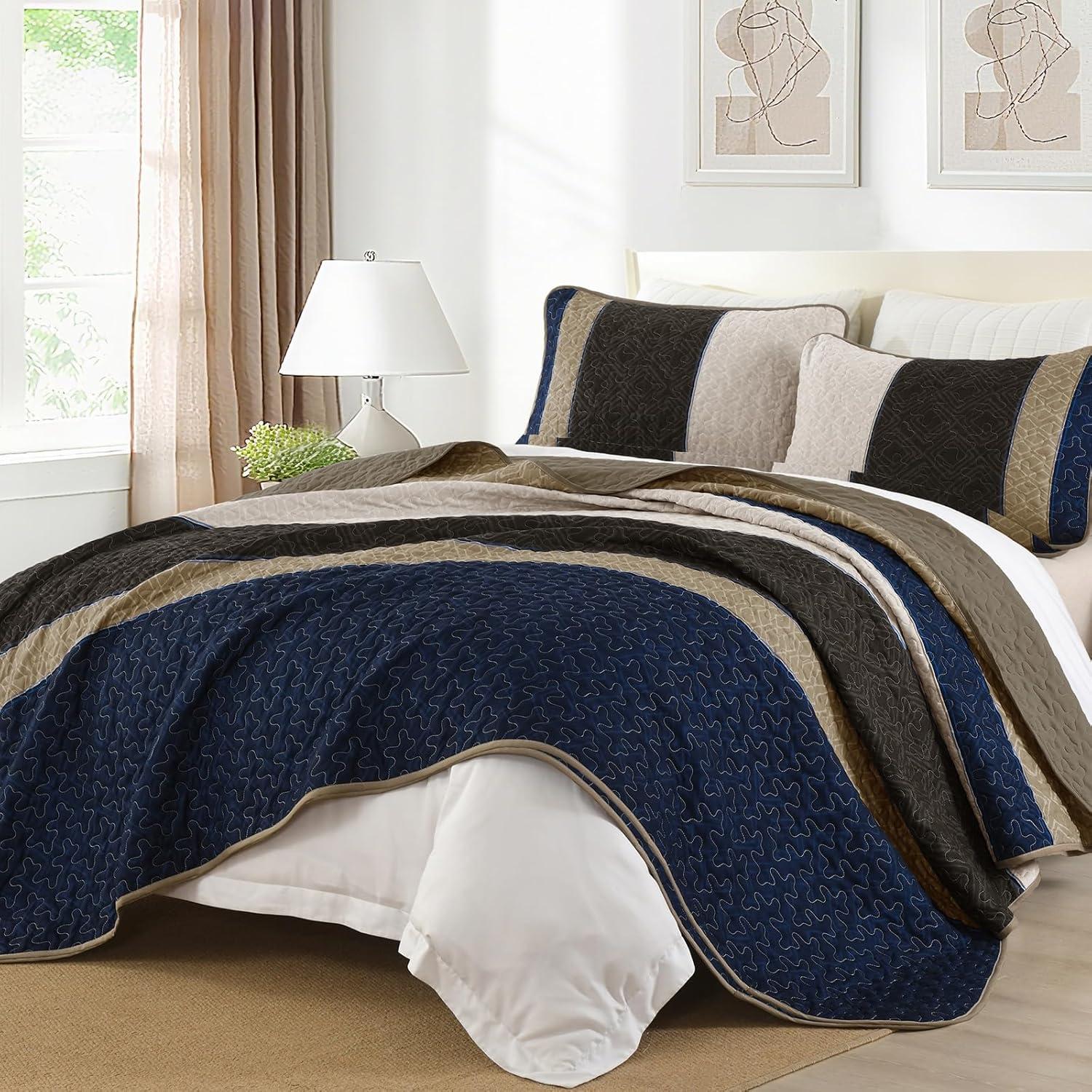 imageCottolester Queen Quilt Set 3 PiecesGray and Blue Striped Quilt SetBoho Farmhouse Bedspread Soft Microfiber Bedding Set for All Season 96quotx90quotBrown and Blue