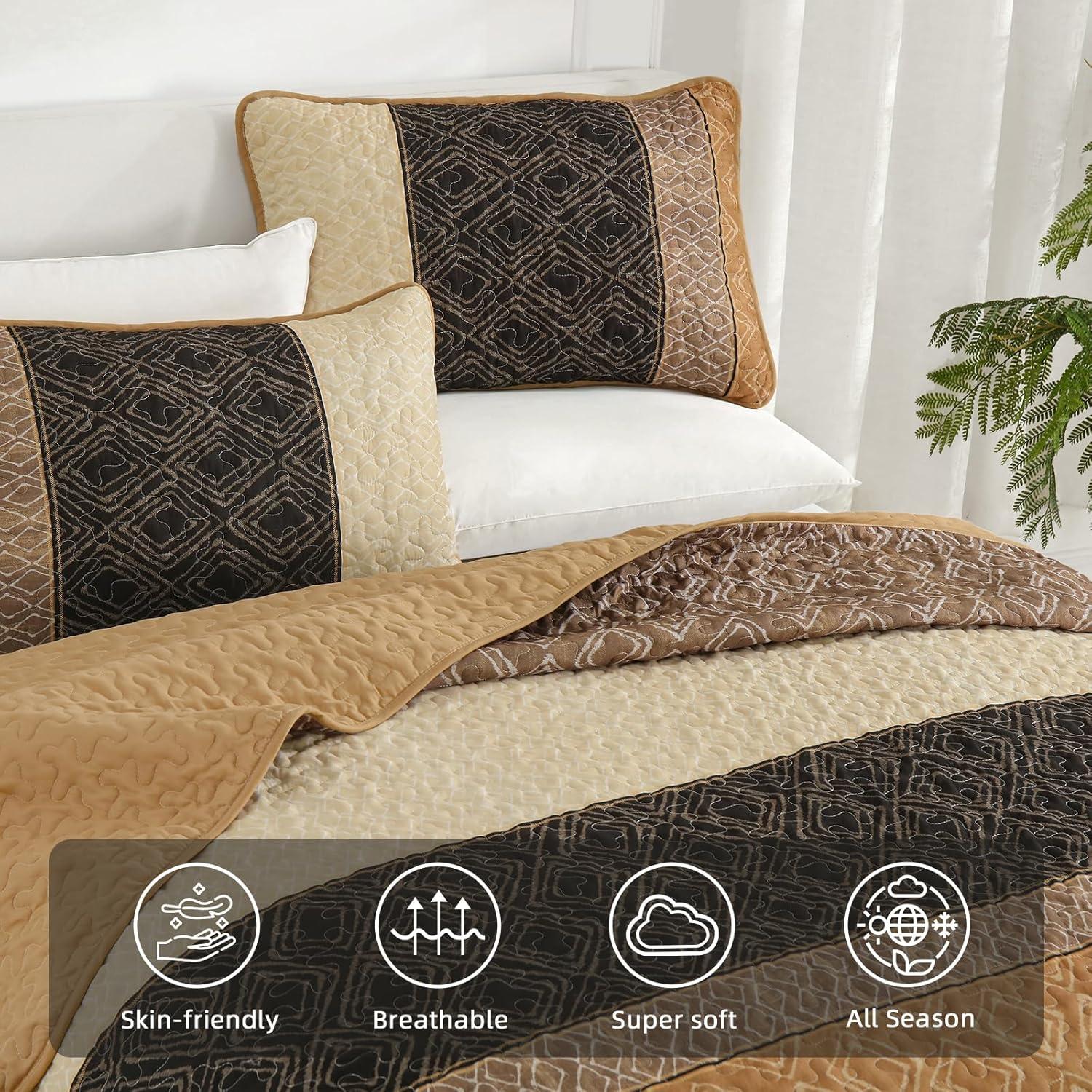 imageCottolester Queen Quilt Set 3 PiecesGray and Blue Striped Quilt SetBoho Farmhouse Bedspread Soft Microfiber Bedding Set for All Season 96quotx90quotBrown