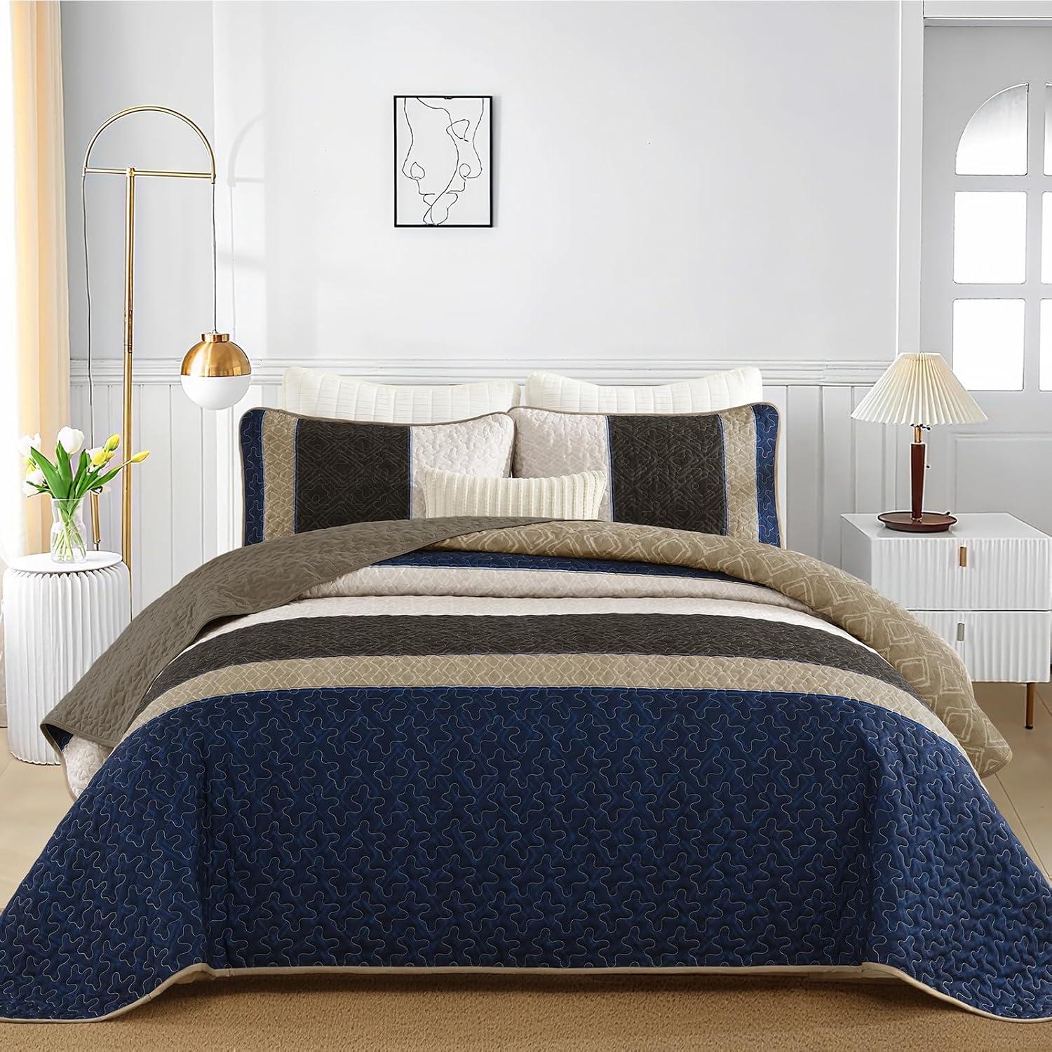 imageCottolester Queen Quilt Set 3 PiecesGray and Blue Striped Quilt SetBoho Farmhouse Bedspread Soft Microfiber Bedding Set for All Season 96quotx90quotBrown and Blue