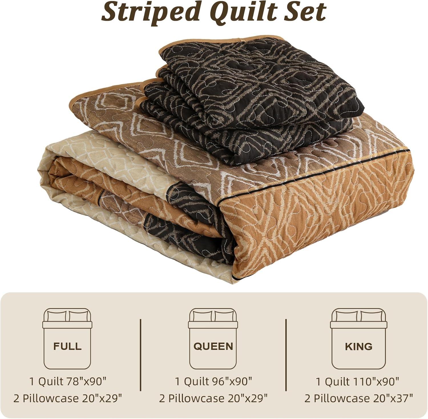 imageCottolester Queen Quilt Set 3 PiecesGray and Blue Striped Quilt SetBoho Farmhouse Bedspread Soft Microfiber Bedding Set for All Season 96quotx90quotBrown