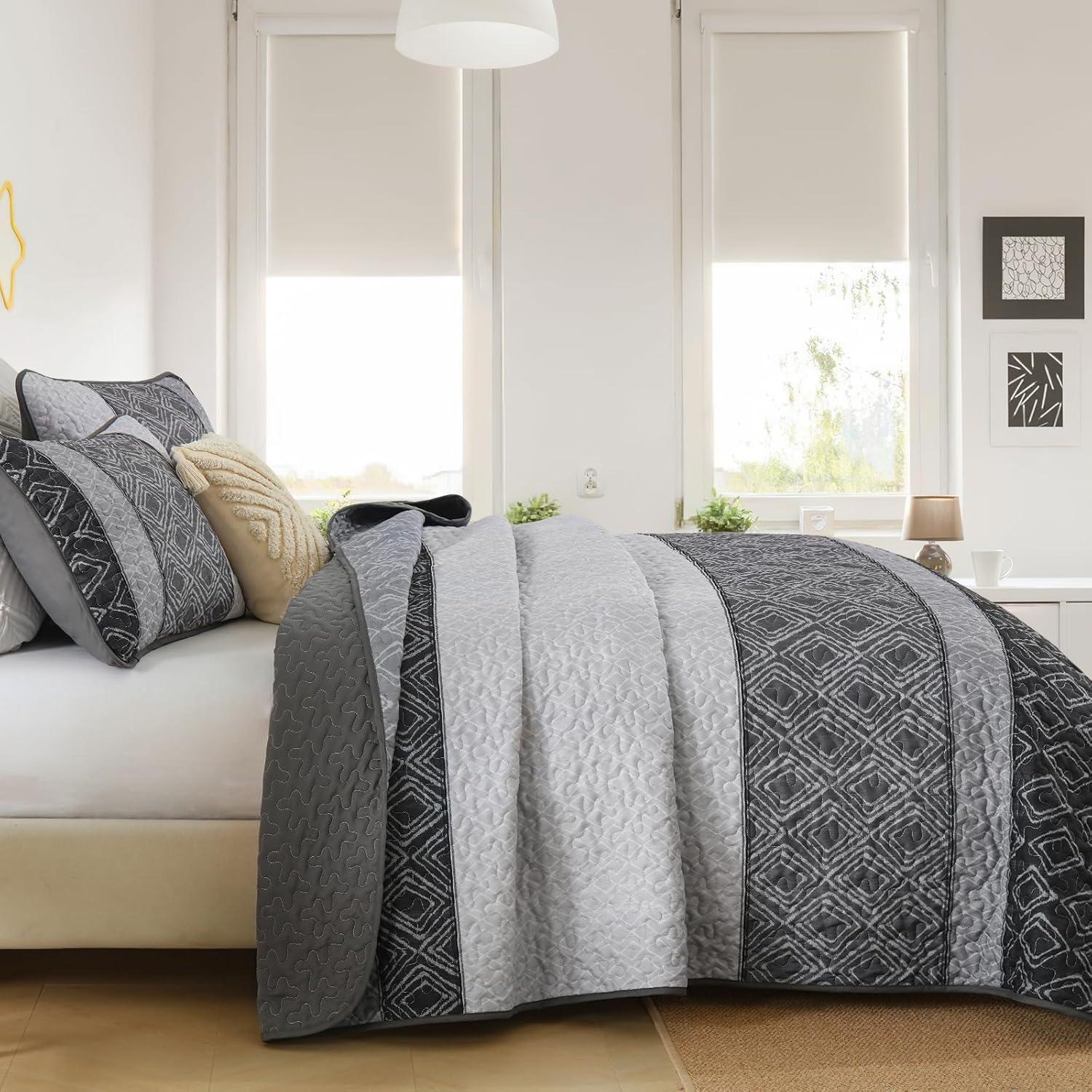 imageCottolester Queen Quilt Set 3 PiecesGray and Blue Striped Quilt SetBoho Farmhouse Bedspread Soft Microfiber Bedding Set for All Season 96quotx90quotGrey