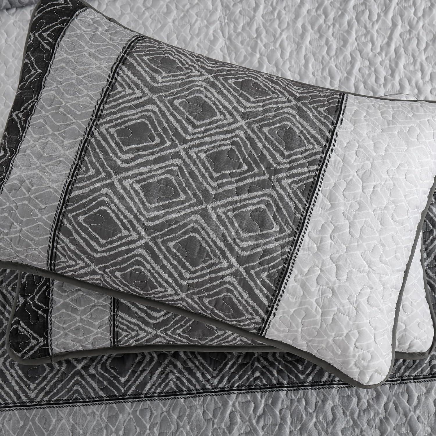 imageCottolester Queen Quilt Set 3 PiecesGray and Blue Striped Quilt SetBoho Farmhouse Bedspread Soft Microfiber Bedding Set for All Season 96quotx90quotGrey