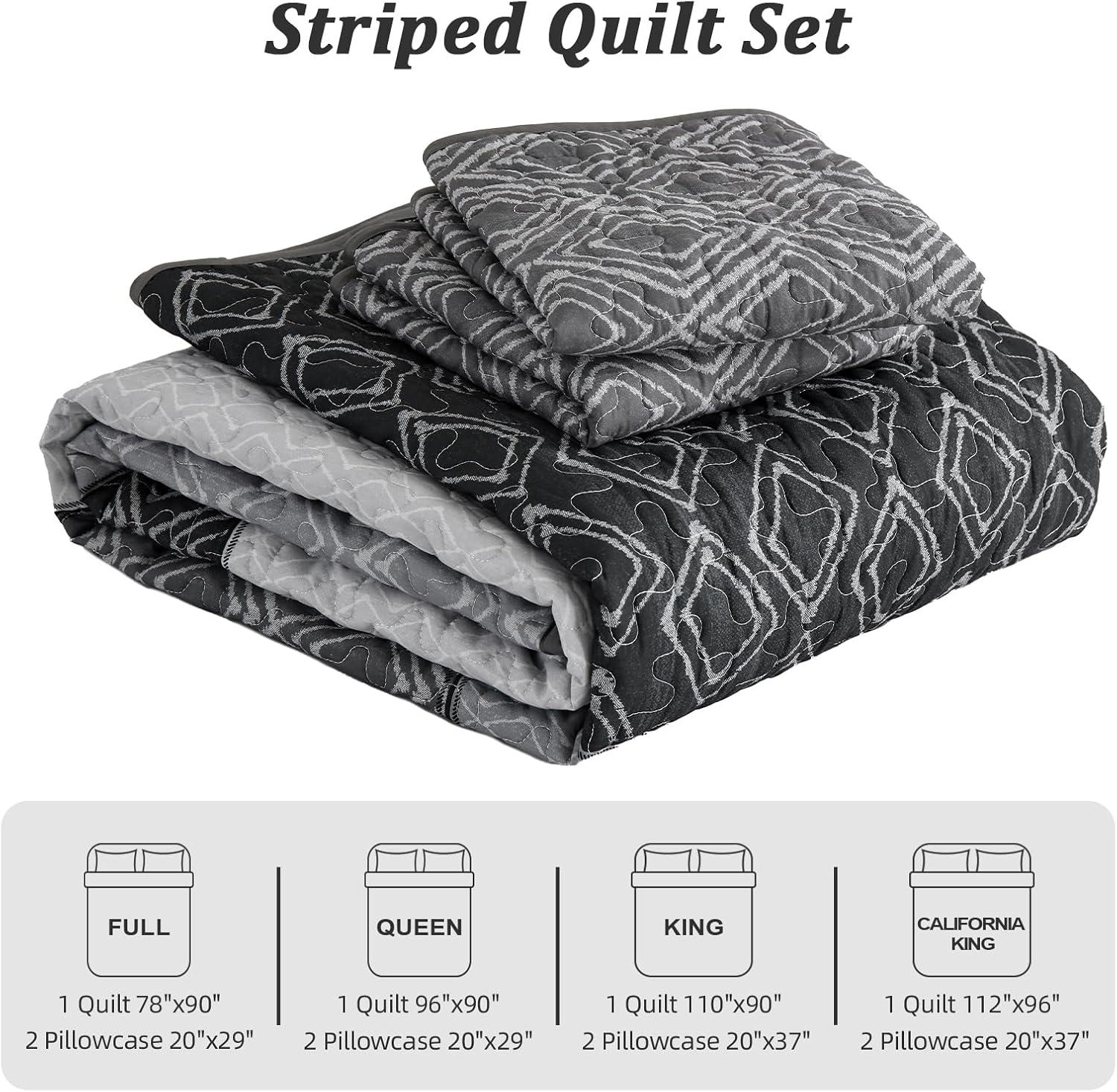 imageCottolester Queen Quilt Set 3 PiecesGray and Blue Striped Quilt SetBoho Farmhouse Bedspread Soft Microfiber Bedding Set for All Season 96quotx90quotGrey