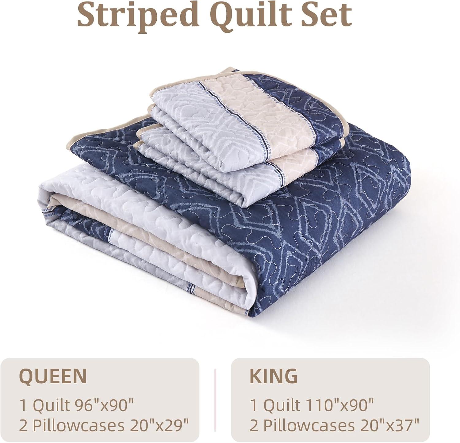 imageCottolester Queen Quilt Set 3 PiecesGray and Blue Striped Quilt SetBoho Farmhouse Bedspread Soft Microfiber Bedding Set for All Season 96quotx90quotGray and Yellow