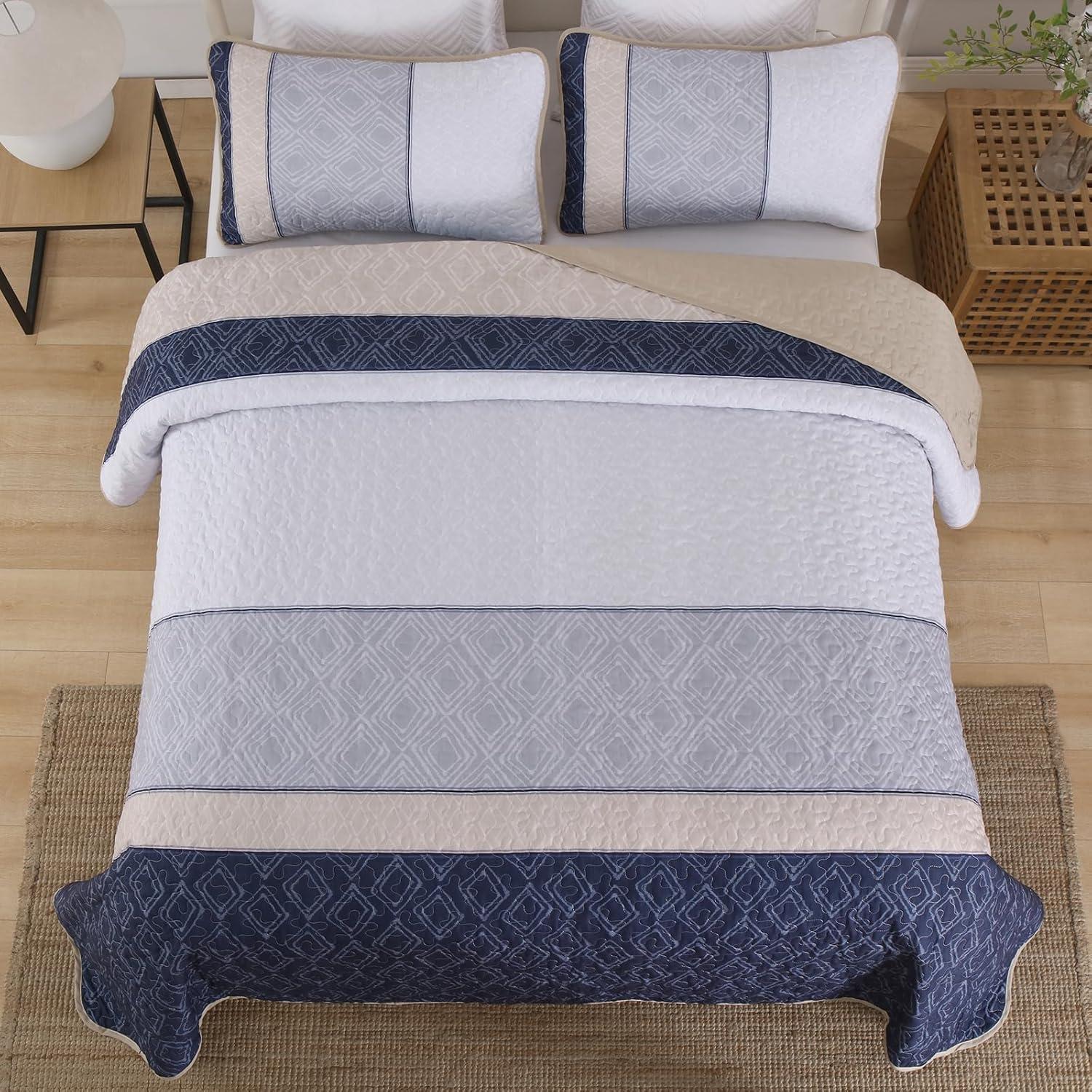 imageCottolester Queen Quilt Set 3 PiecesGray and Blue Striped Quilt SetBoho Farmhouse Bedspread Soft Microfiber Bedding Set for All Season 96quotx90quotGray and Yellow
