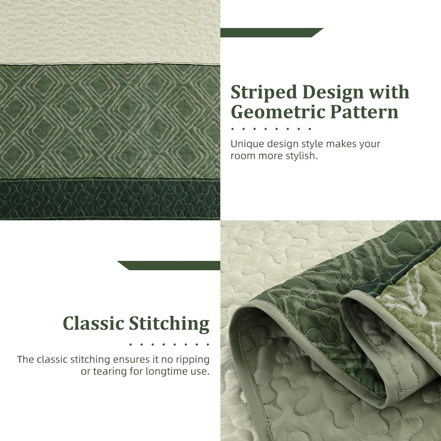 imageCottolester Queen Quilt Set 3 PiecesGray and Blue Striped Quilt SetBoho Farmhouse Bedspread Soft Microfiber Bedding Set for All Season 96quotx90quotGreen