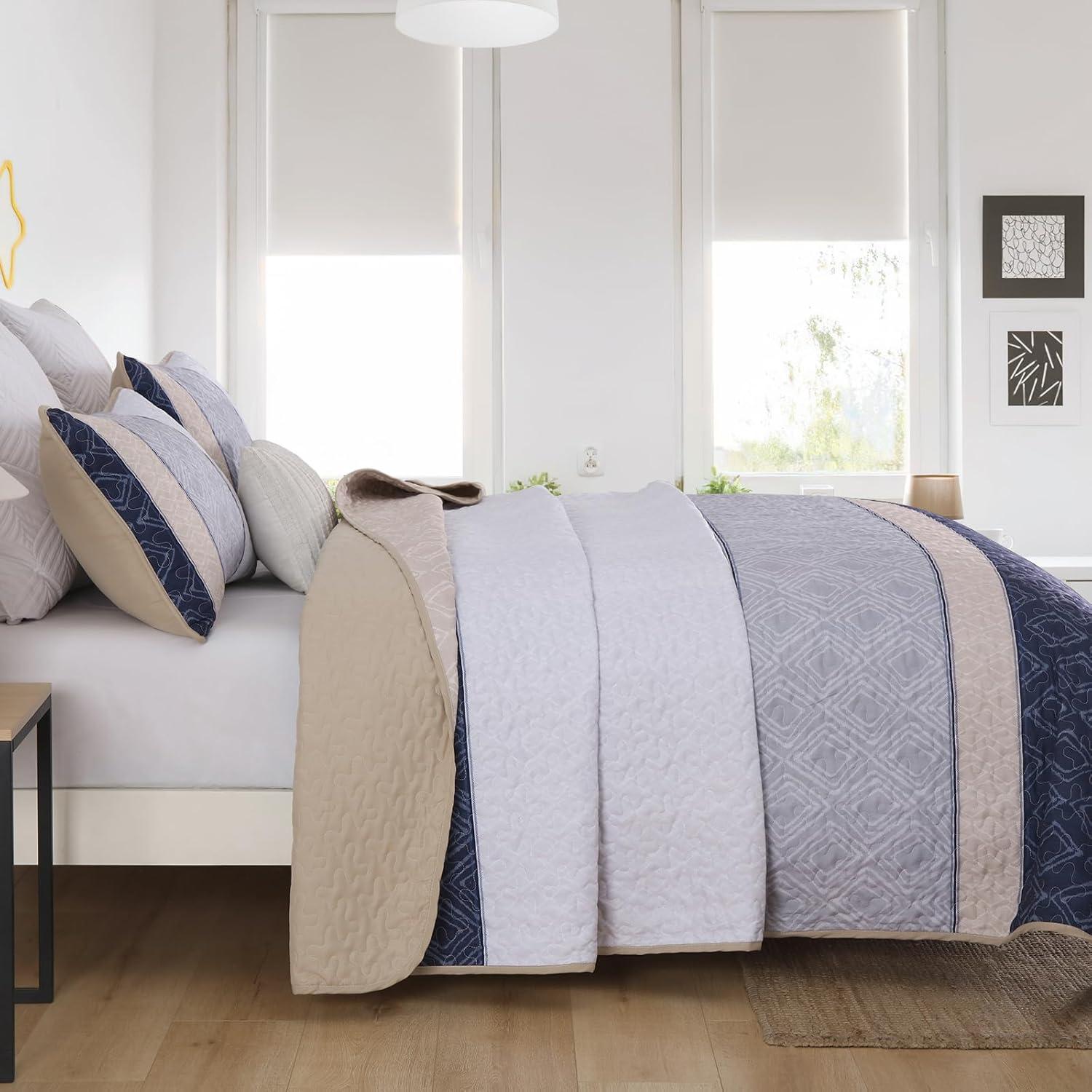 imageCottolester Queen Quilt Set 3 PiecesGray and Blue Striped Quilt SetBoho Farmhouse Bedspread Soft Microfiber Bedding Set for All Season 96quotx90quotGray and Yellow