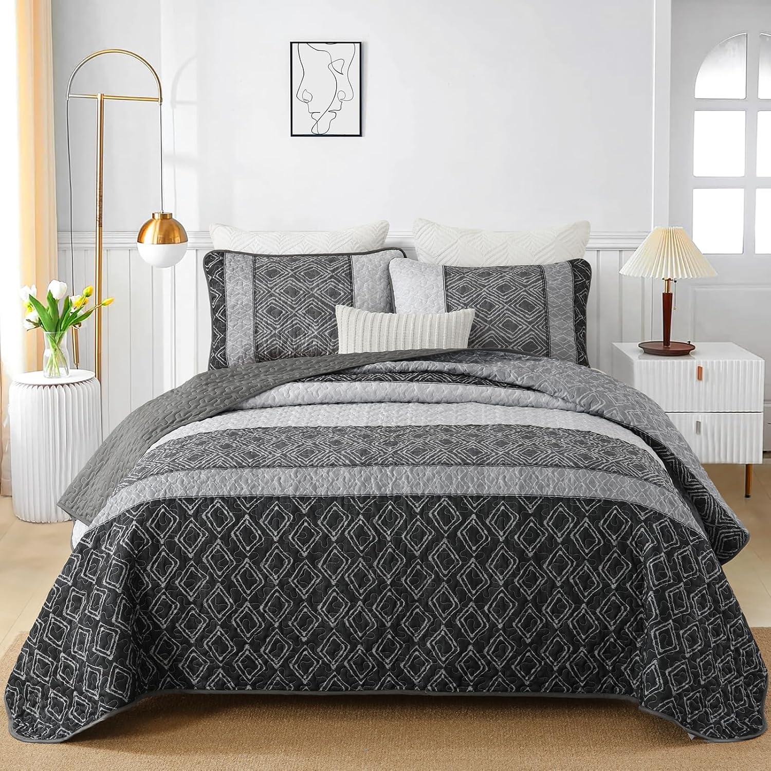 imageCottolester Queen Quilt Set 3 PiecesGray and Blue Striped Quilt SetBoho Farmhouse Bedspread Soft Microfiber Bedding Set for All Season 96quotx90quotGrey