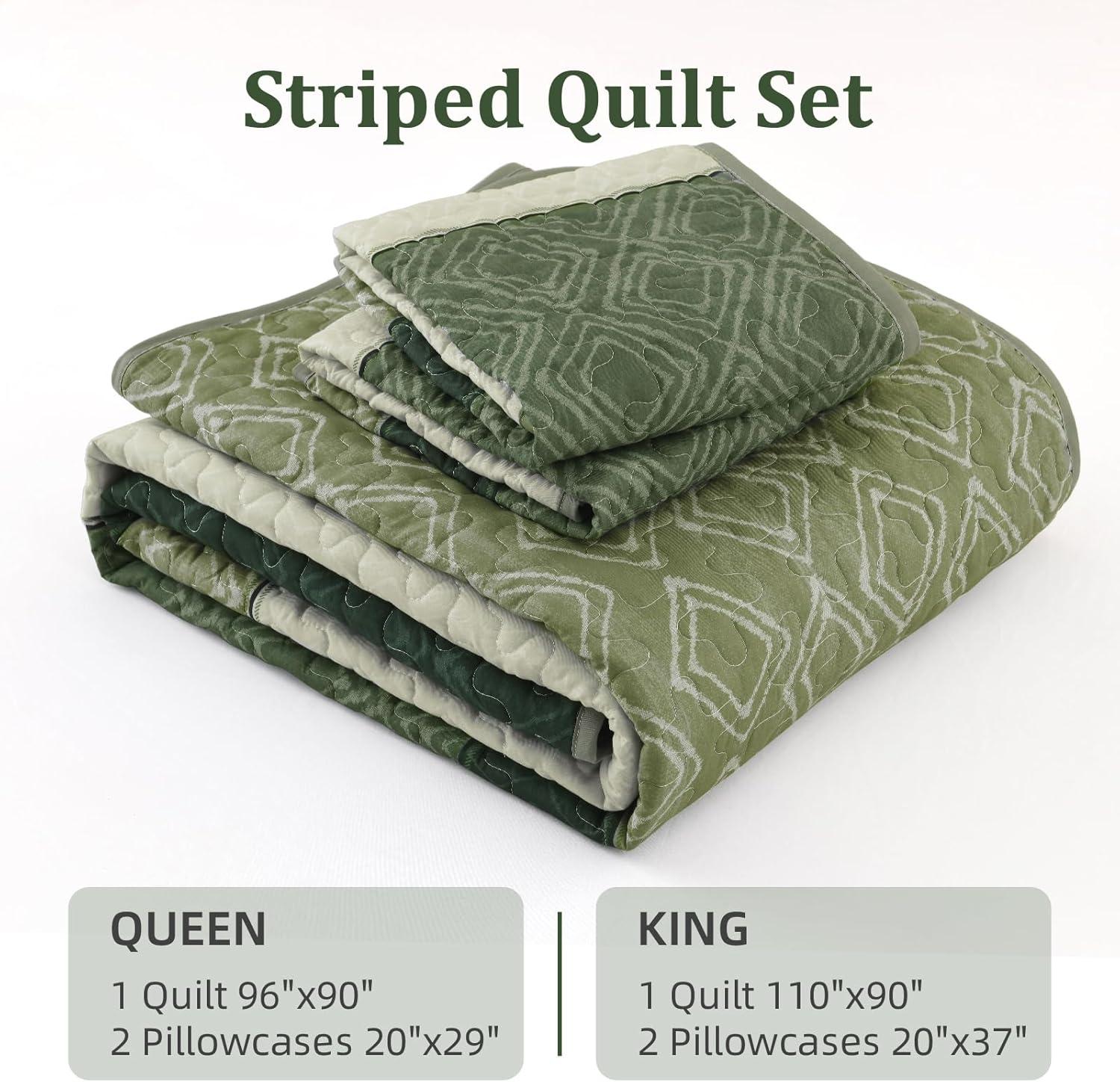 imageCottolester Queen Quilt Set 3 PiecesGray and Blue Striped Quilt SetBoho Farmhouse Bedspread Soft Microfiber Bedding Set for All Season 96quotx90quotGreen