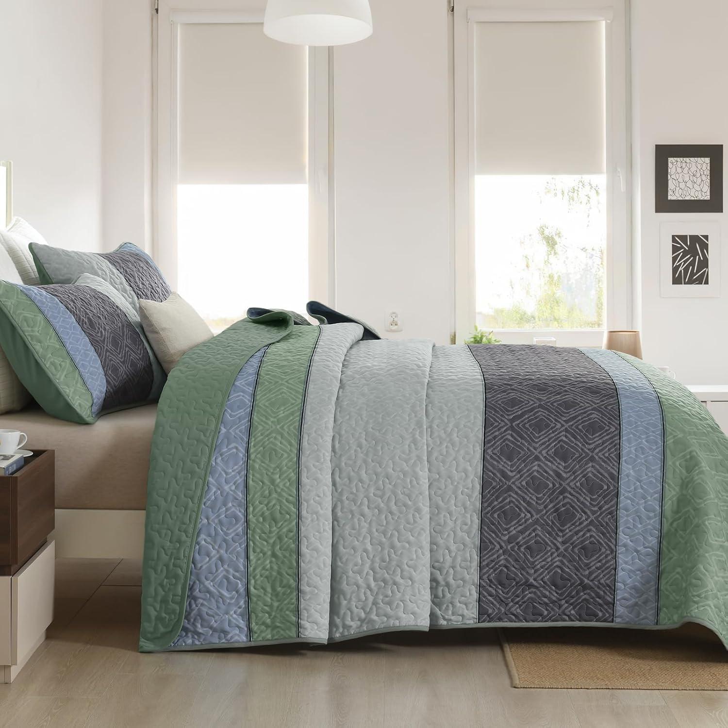 imageCottolester Queen Quilt Set 3 PiecesGray and Blue Striped Quilt SetBoho Farmhouse Bedspread Soft Microfiber Bedding Set for All Season 96quotx90quotGreen and Gray